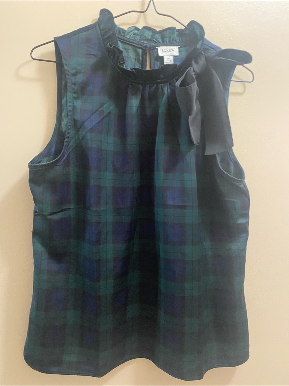 J. Crew Blackwatch Plaid Ruffle Bow Sleeveless Top - Green/Blue